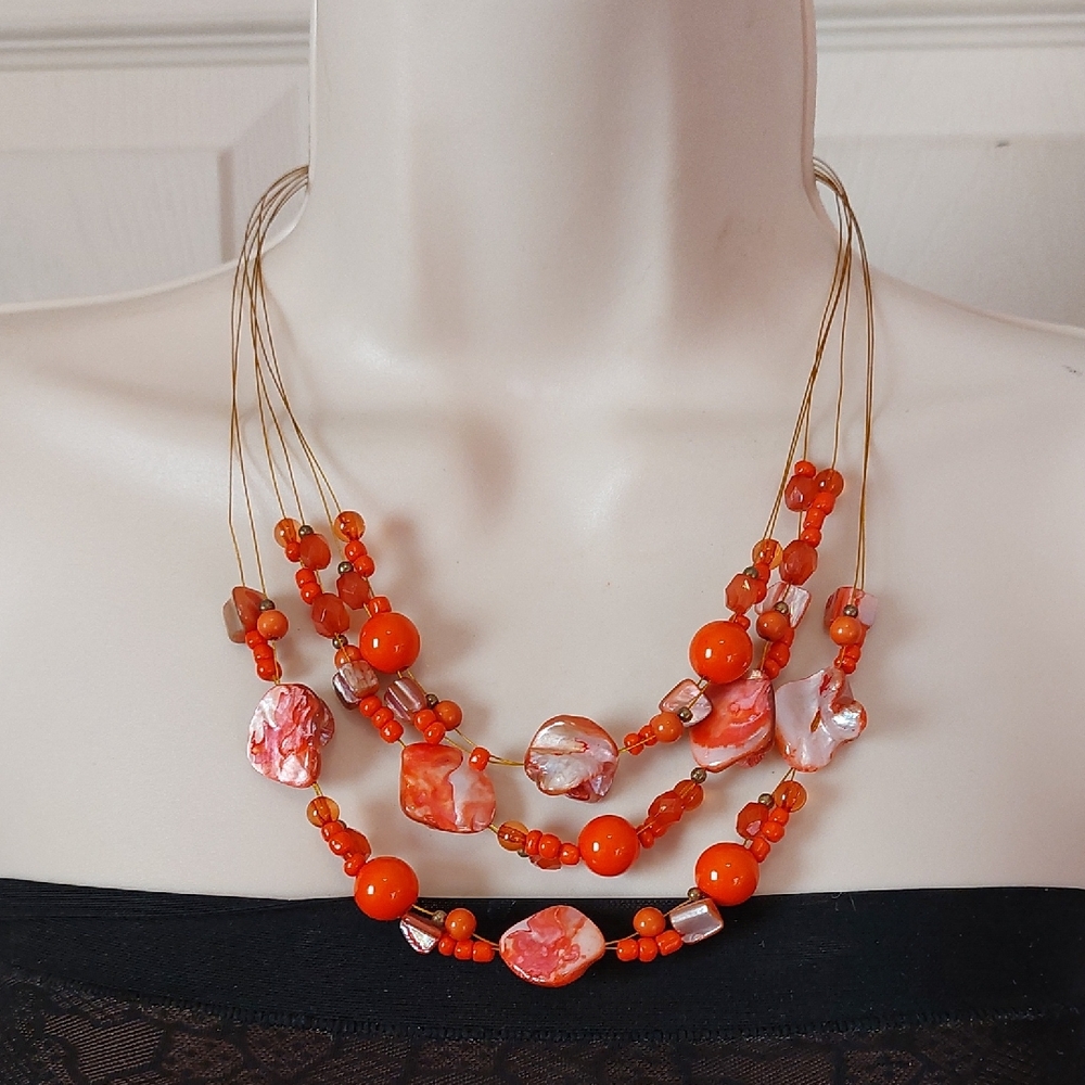 Multi Strands Layered Statement Necklace Bright Orange Mix Beads Strung On Wire
